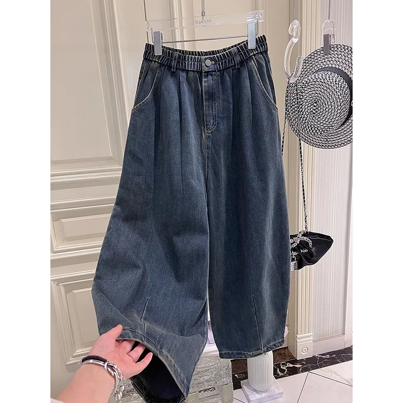 特大码300斤复古高腰阔腿牛仔裤男女春秋2025新款宽松休闲九分裤2