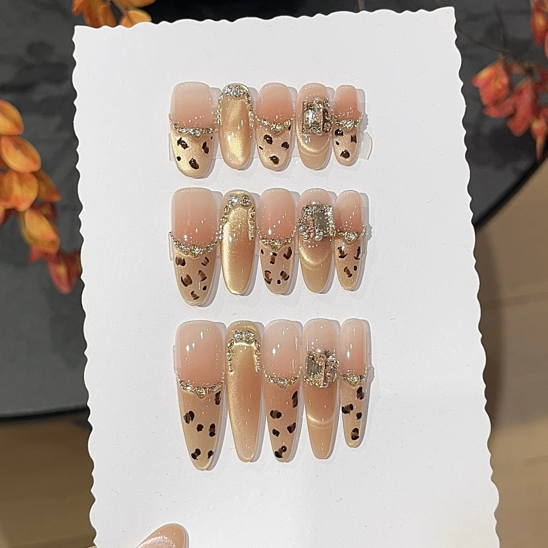 【豹纹琉光】香槟金钱豹穿戴甲冰透渐变四季流行显白百搭