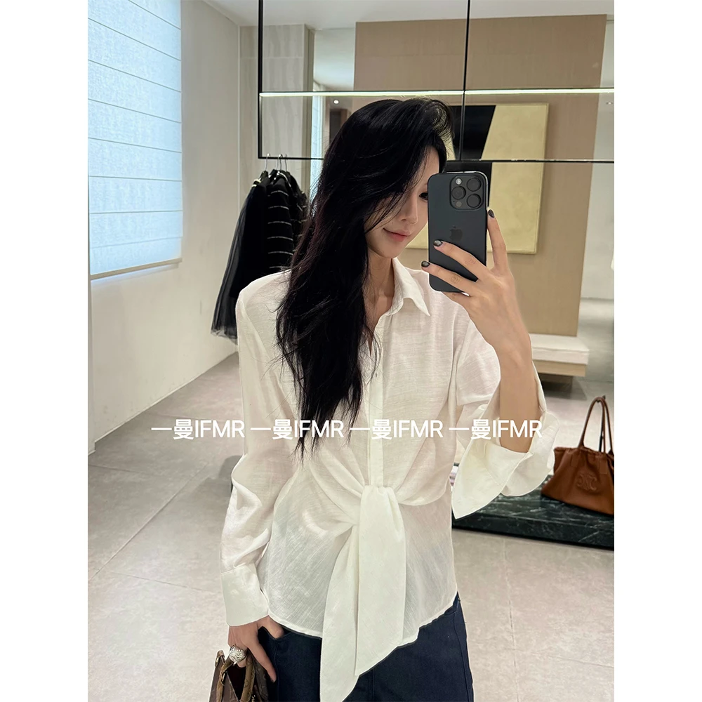 IFMR春夏新品白色时尚气质结饰垂性简约宽松翻领休闲长袖衬衫女F