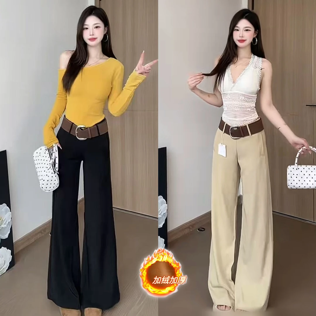 现货)美拉德中腰2025休闲女秋冬黑色加绒长裤宽松阔腿拖地喇叭裤