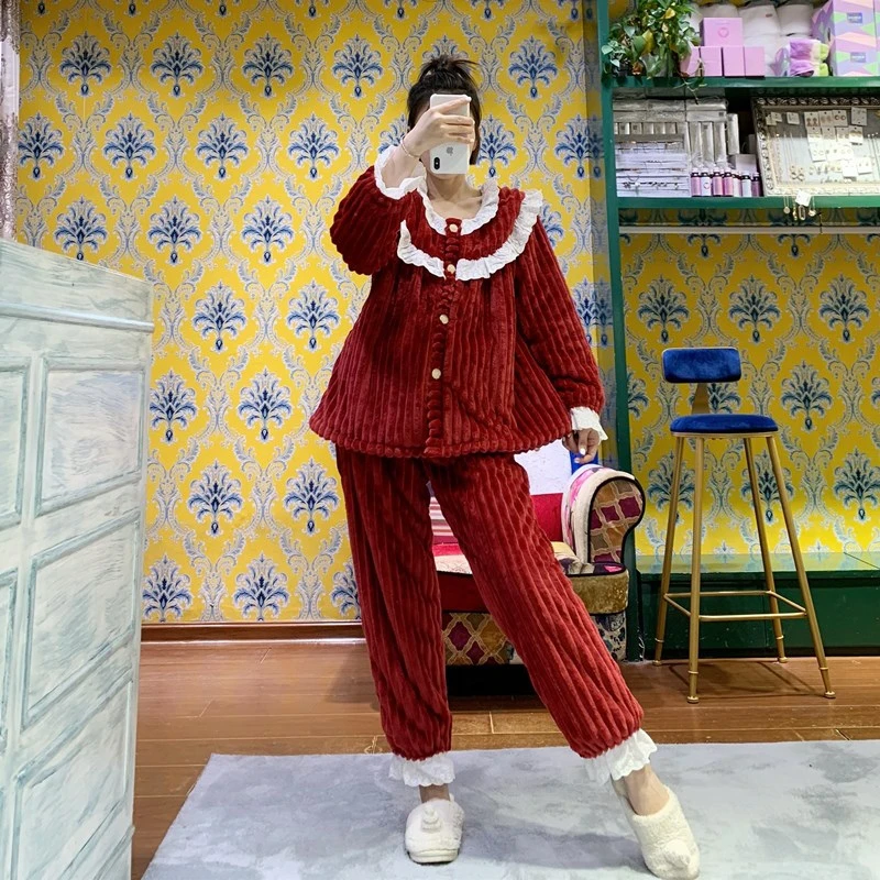 978656 秋冬季韩版加厚黑色可爱法兰绒睡衣宽松外穿家居服两件套