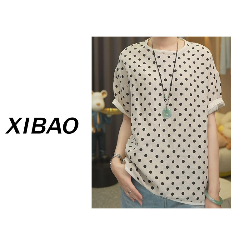 【波点】100汉麻春季圆领短袖时尚休闲女宽松版