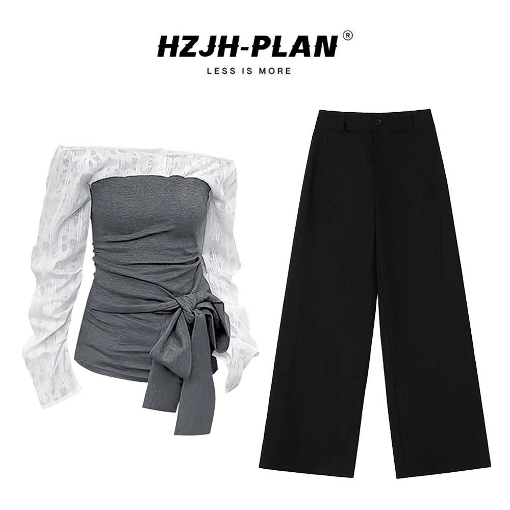 纯欲设计感一字肩撞色长袖上衣高腰垂感阔腿休闲裤两件套