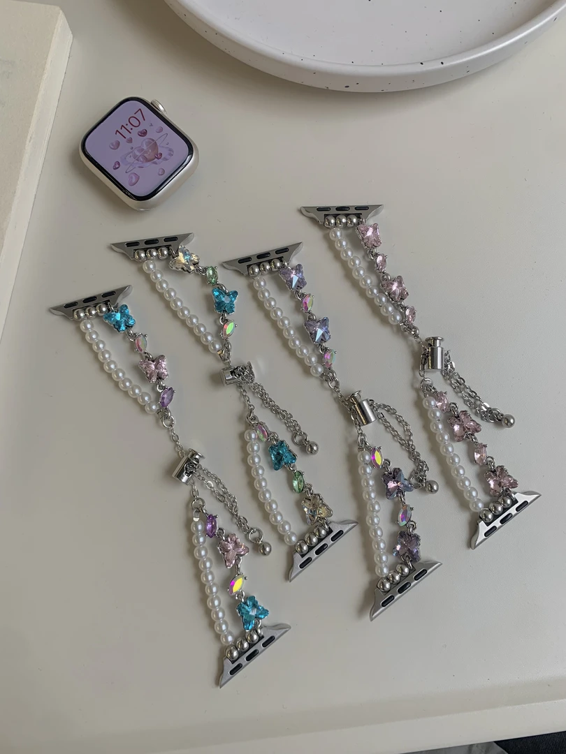 适用小米手环10华子彩钻蝴蝶珍珠表带苹果手表iwatch华为vivo表带