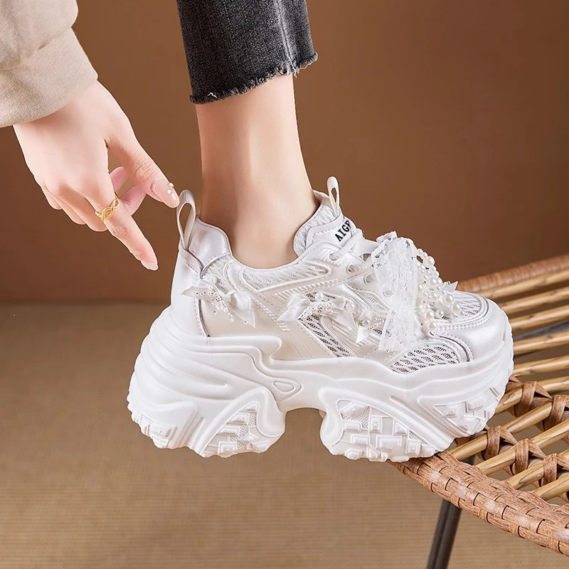 网面透气老爹鞋女2025秋新款超火蝴蝶结休闲鞋厚底内增高女鞋潮