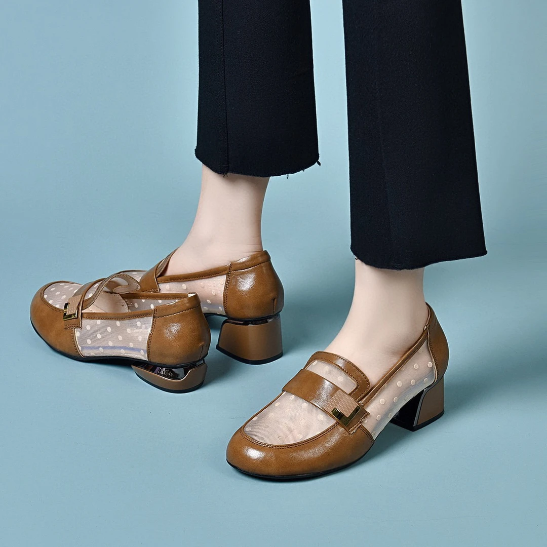 MOYE港澳风方头女鞋2025春夏韩风条点网纱圆扣浅口懒人鞋两种