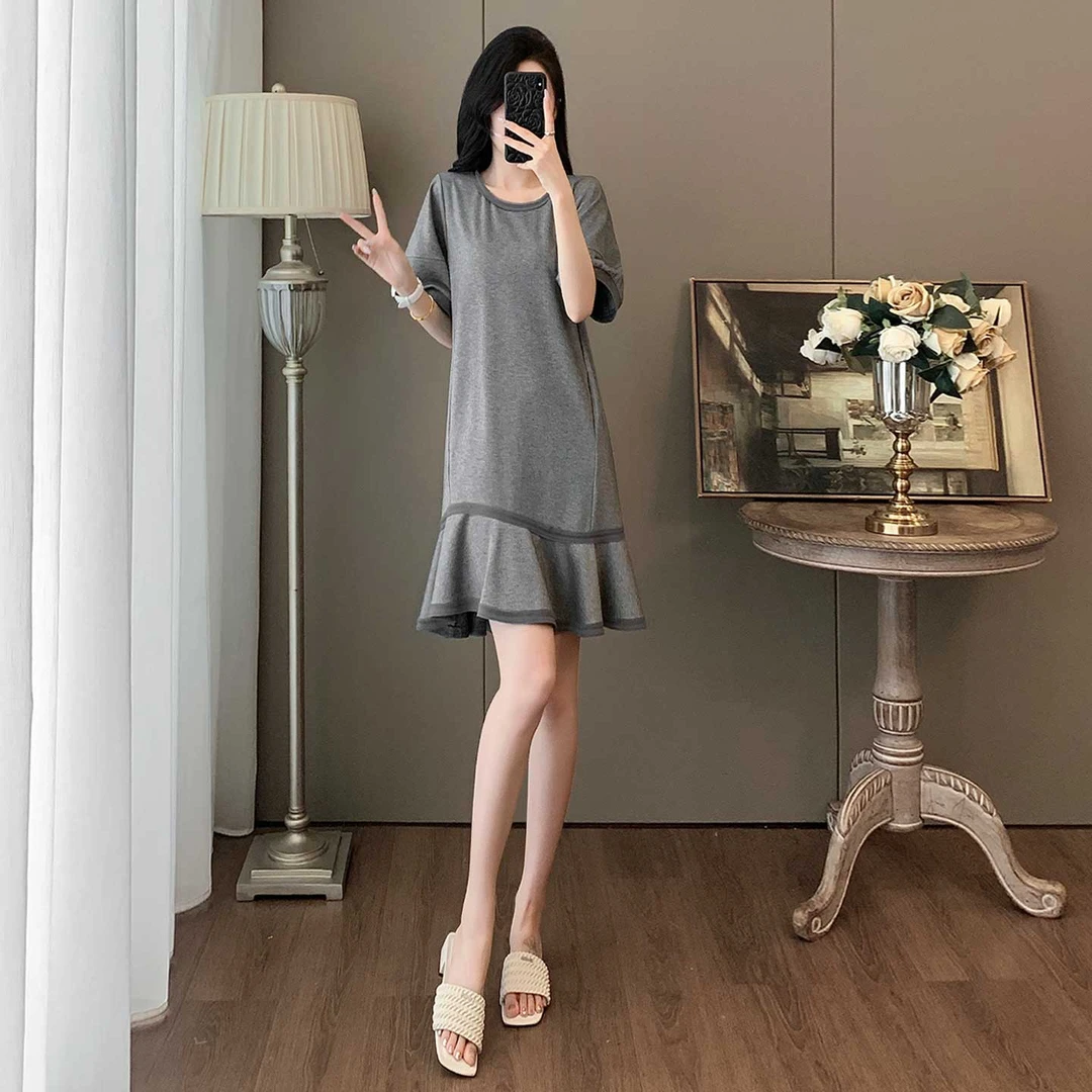 欧货时尚潮流灰色连衣裙女夏新款圆领花苞短袖气质拼接鱼尾连衣裙