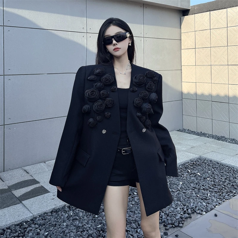 高级感时尚韩版春季气质手工立体花朵设计感西装知性优雅西服外套