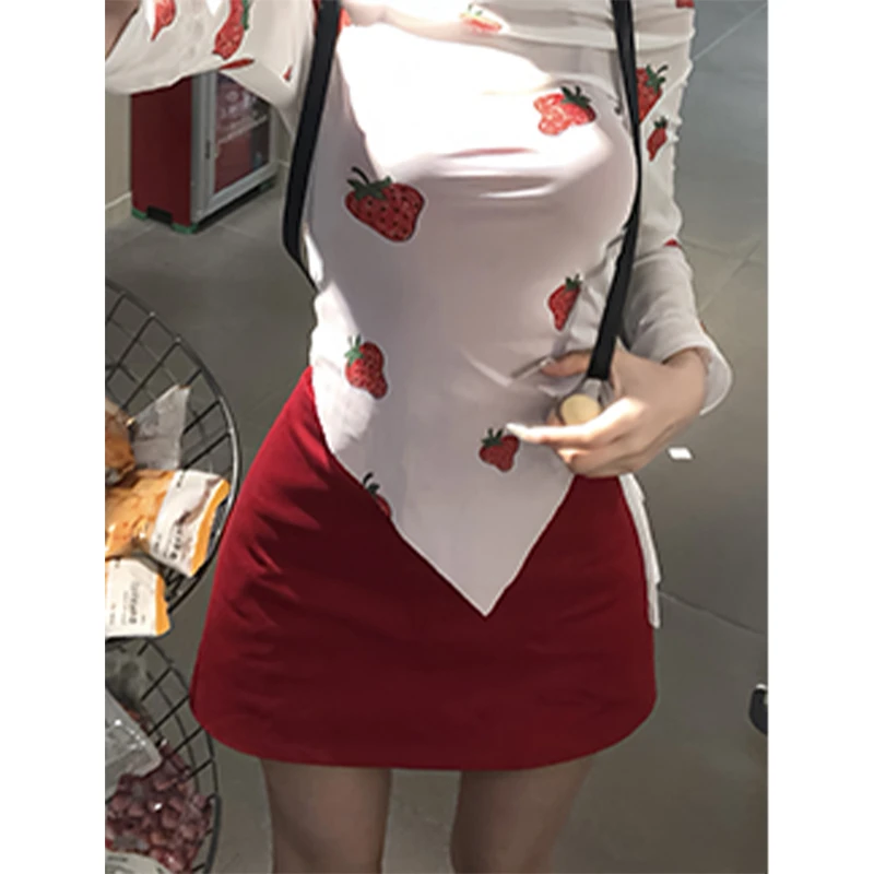 【七颗虾滑】2025年新款夏季红色时尚百搭小个子a字半身裙252X2081#