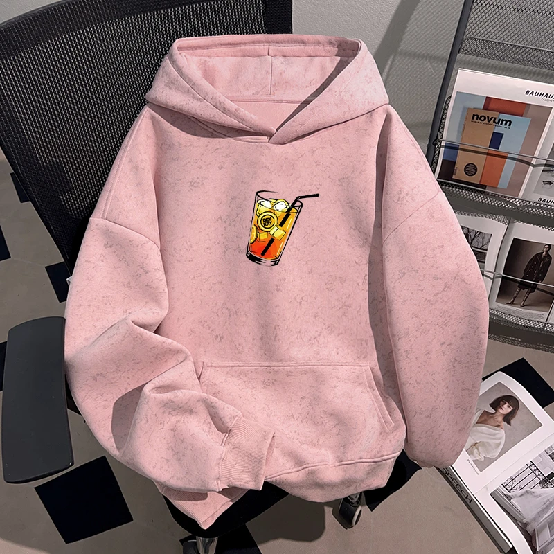 Dekkry潮流青少年加绒卫衣秋冬蜡染连帽男女创意饮料印花套头上衣