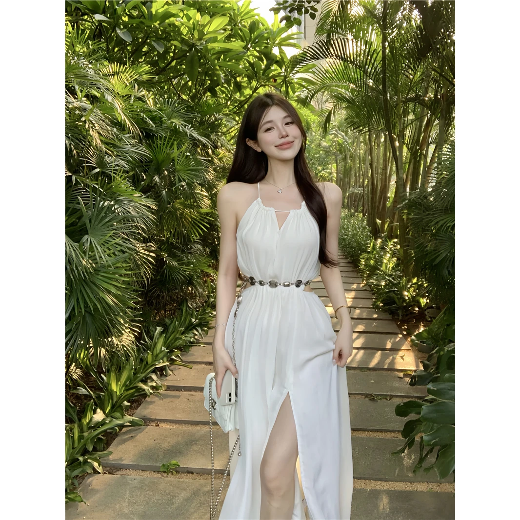 实价实拍女神到不行重工镂空挂脖长裙连衣裙女显瘦法式名媛收腰