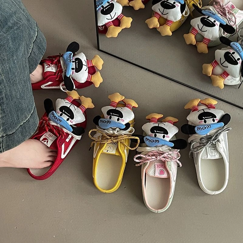 时尚复古设计感玩偶配饰包头半拖鞋女鞋2025夏季网面休闲百搭拖鞋