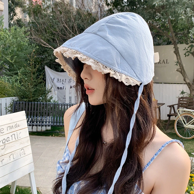 复古蕾丝渔夫帽女夏季韩系高级感显脸小盆帽遮阳帽大帽檐防晒帽子
