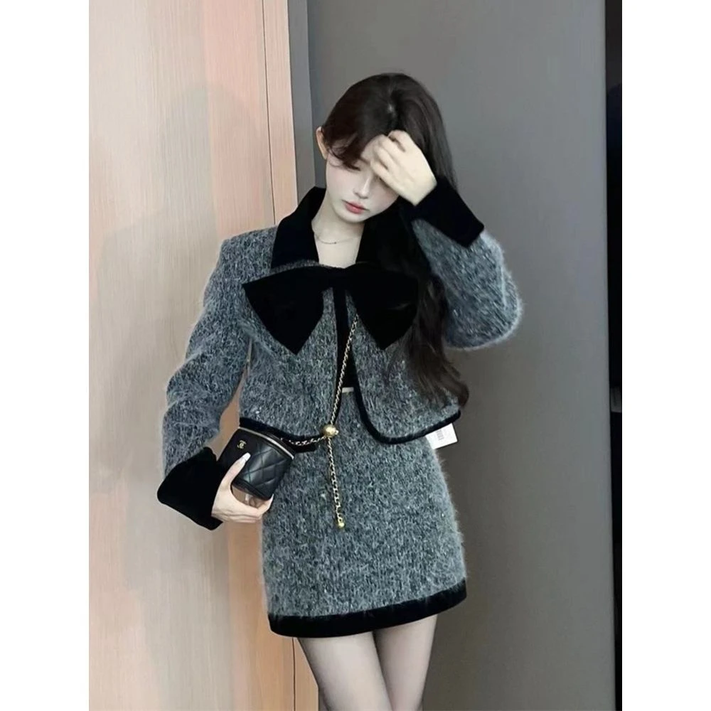 2025秋新款甜辣小香风套装女高级感小个子毛绒短外套半身裙两件套