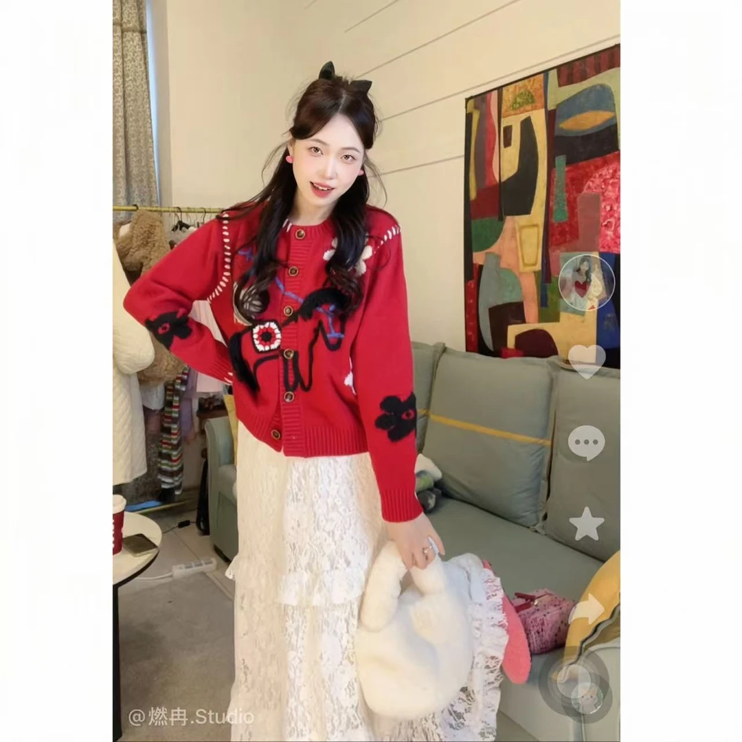 燃冉 冬季韩系甜美慵懒风针织衫复古红色短款时尚网红毛衣A3189