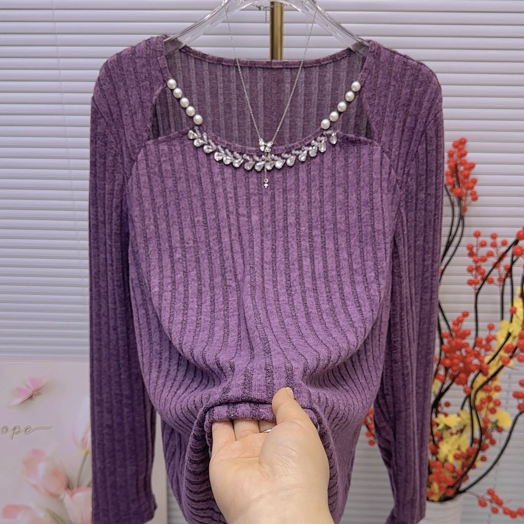 新款磨毛33500钉珠大码显瘦洋气百搭长袖打底上衣女装