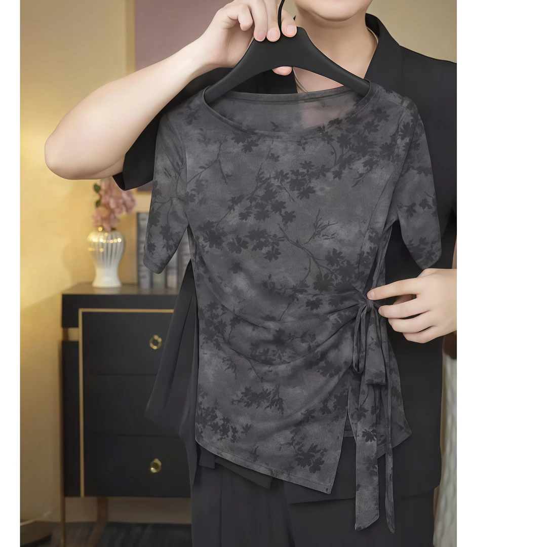 【墨枝绕带】夏季高级感碎花绑带蝴蝶结短袖网纱T恤女显瘦上衣潮流