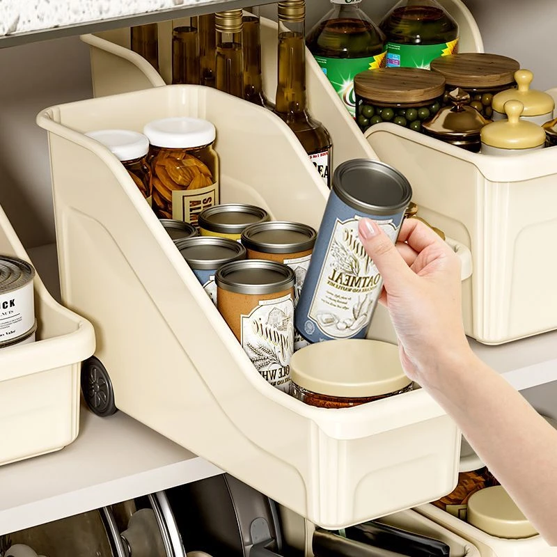 收纳盒带滑轮加长置物架锅具整理桌面杂物斜角储物盒摆摊收纳盒