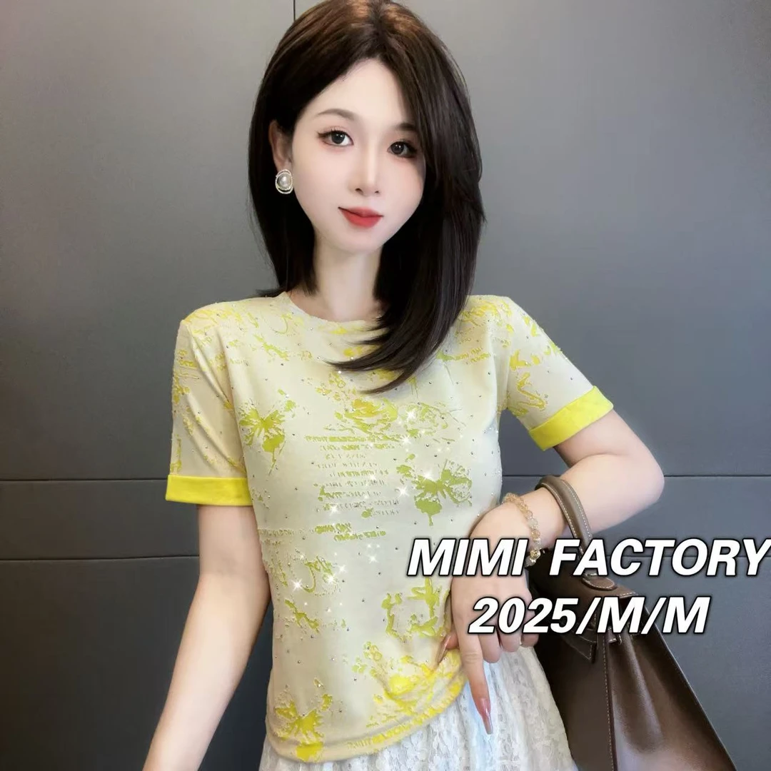 芈芈 2025新款短袖 烫钻烧花双色面料设计T恤女显瘦修身上衣#4028