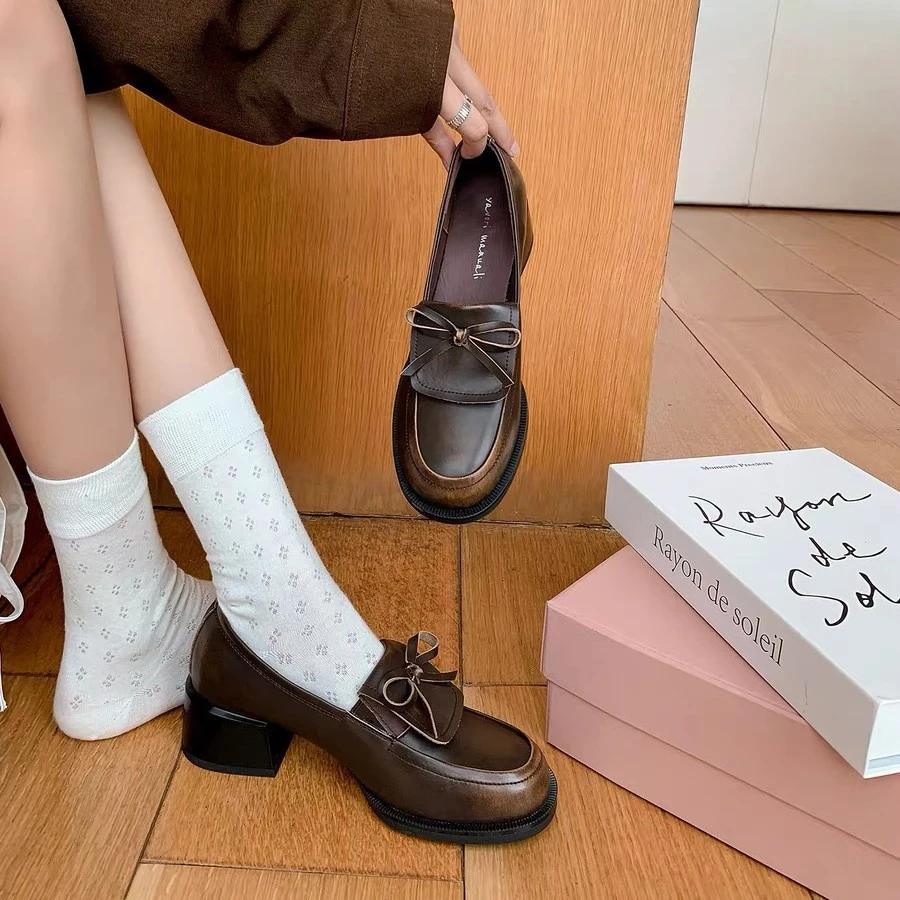 日常牛皮版~幂幂同款复古蝴蝶结乐福鞋女粗跟圆头英伦风小皮鞋乐