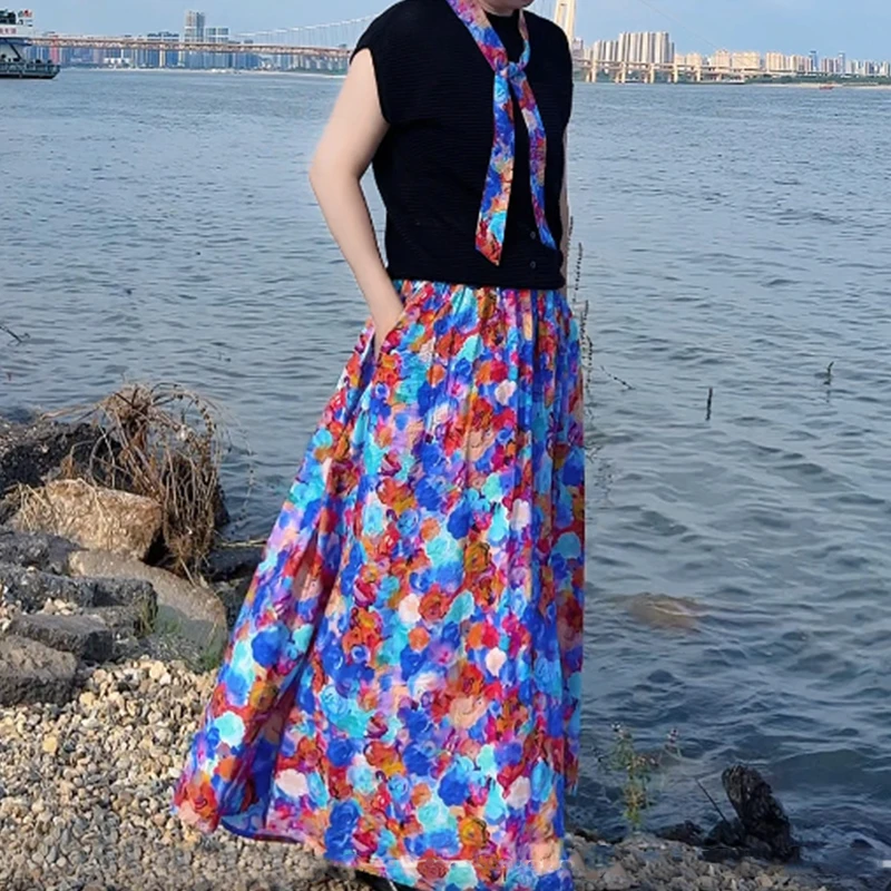 （五彩牡丹）气质免麻半身裙2025夏季新款女百搭松紧高腰印花a字裙