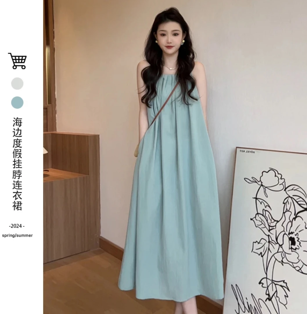日韩露背无袖背心连衣裙女小众设计感吊带温柔宽松百搭显白棉麻长