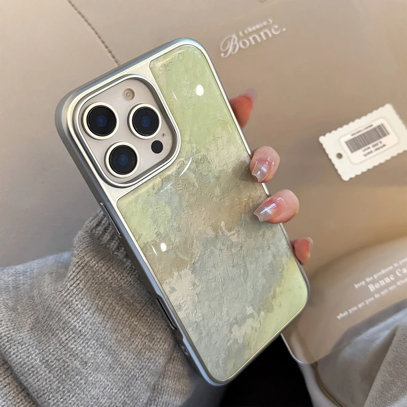 清新绿油画滴胶适用苹果15promax手机壳iphone16电镀13高级感14硬