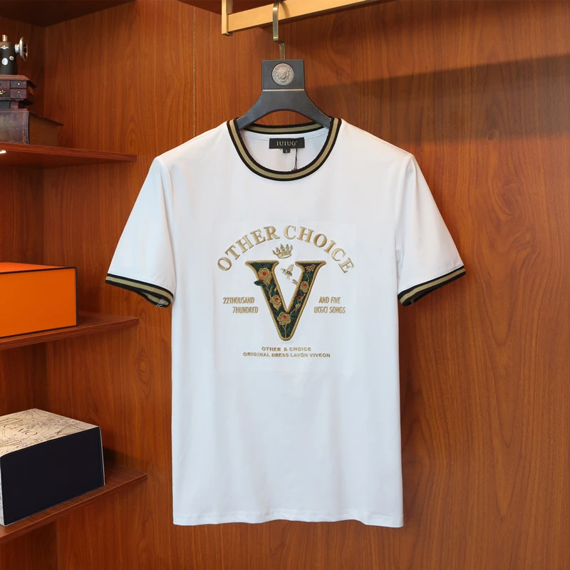 喀费基赫圆领时尚短袖T恤男士轻奢时尚潮流刺绣圆领修身时尚T恤