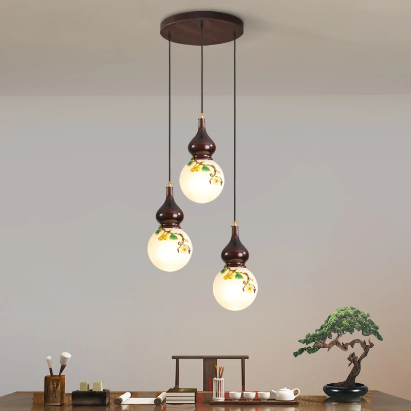 高档新中式餐厅吊灯三头饭厅餐桌灯创意简约实木茶室客厅吧台灯