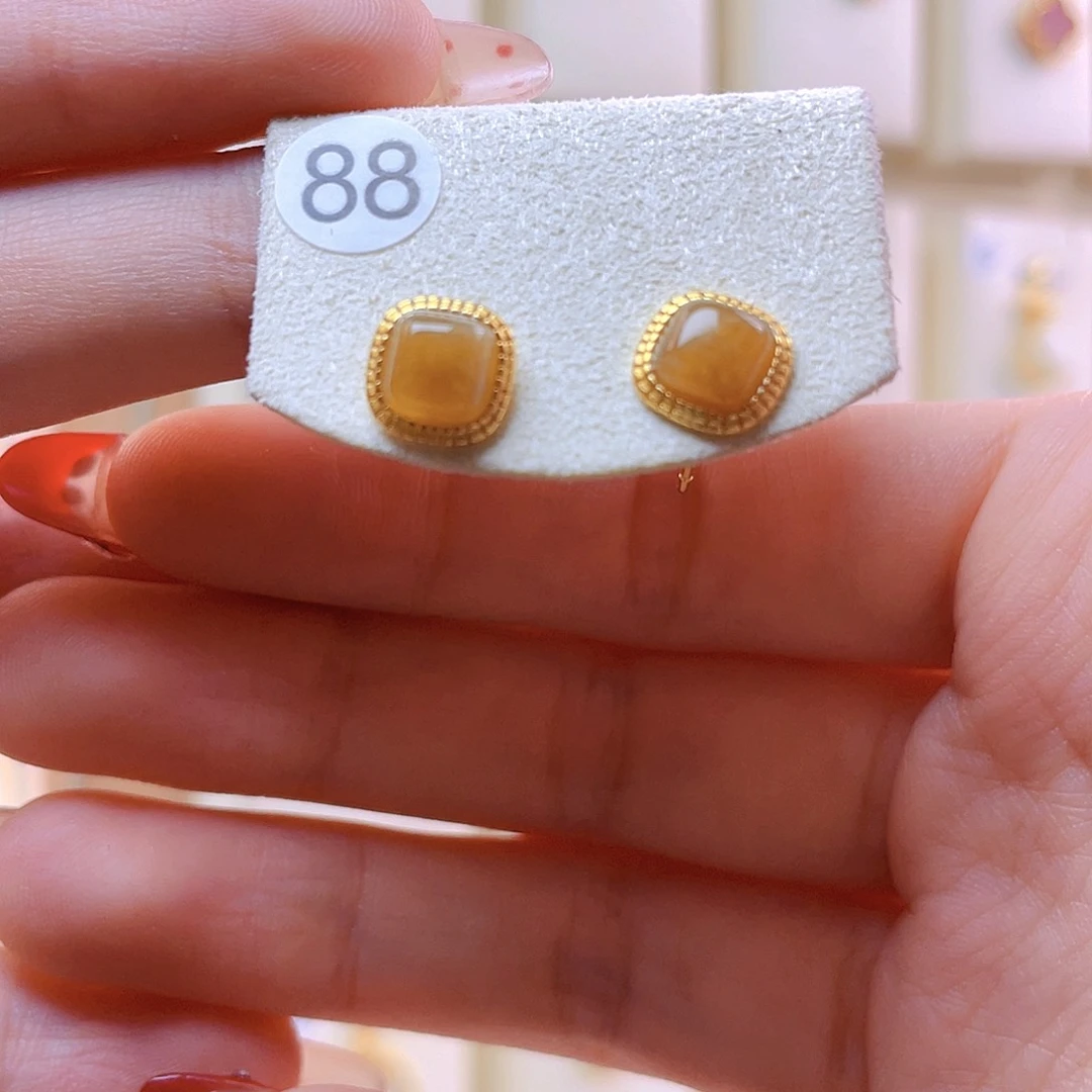 和田玉耳饰银S925镀金镶嵌