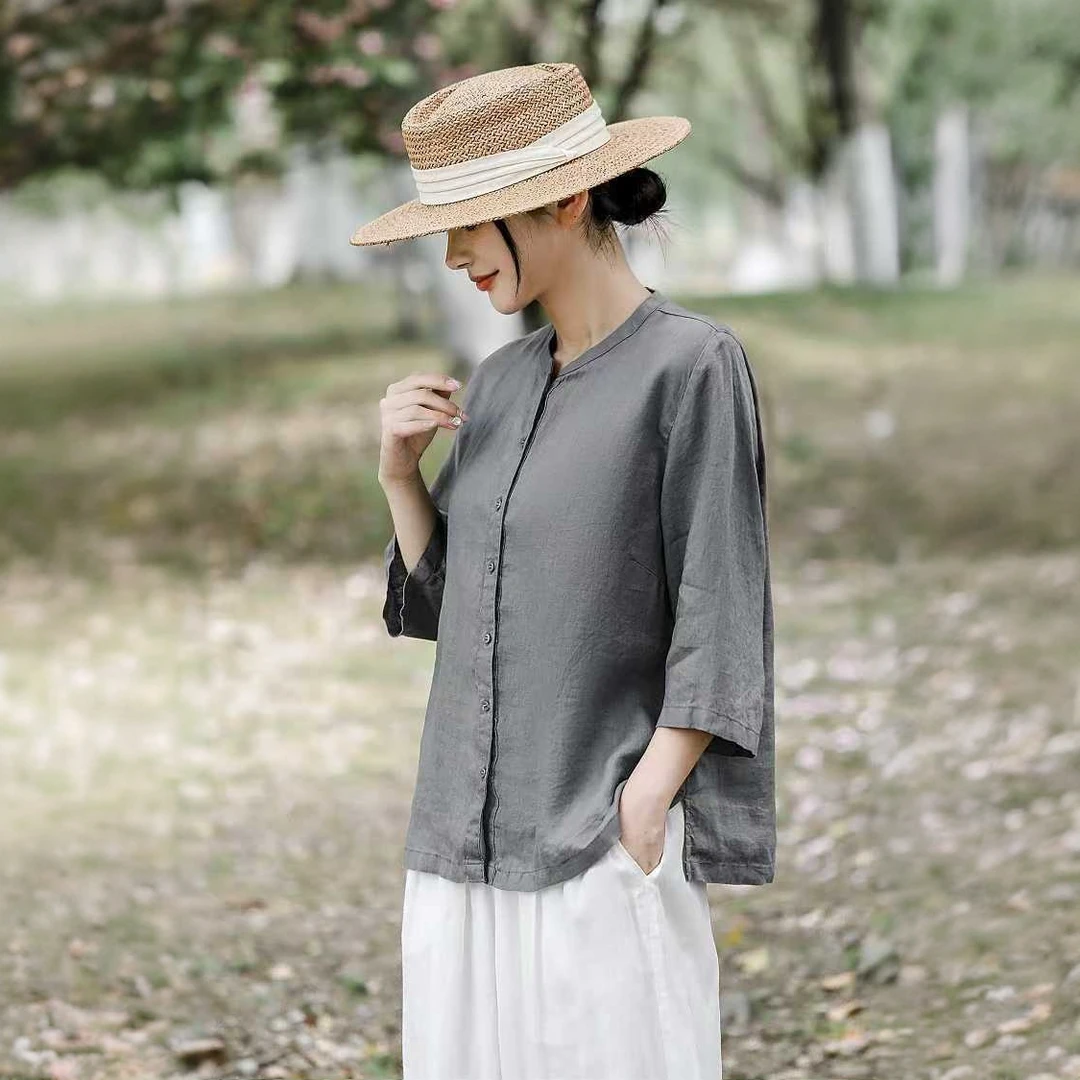 悦己呀色色织亚麻薄款夏季宽松型七分袖衬衫袖中国风净版小衫9303