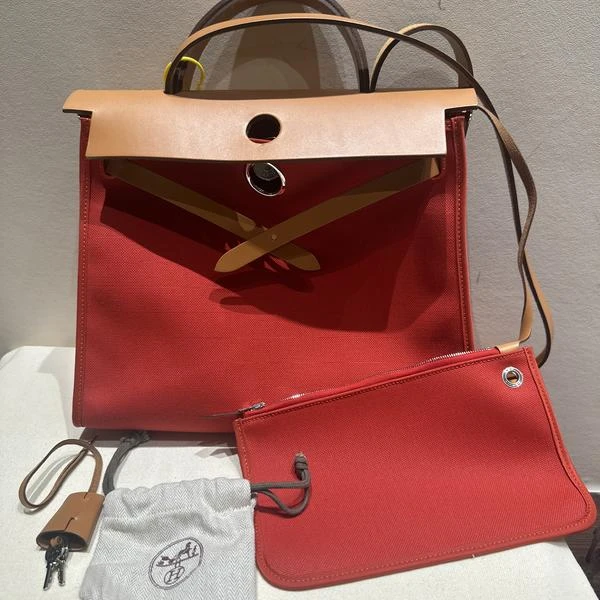 大吉中古/Hermes爱马仕银扣西瓜红拼黄褐色herbag31手提斜挎包