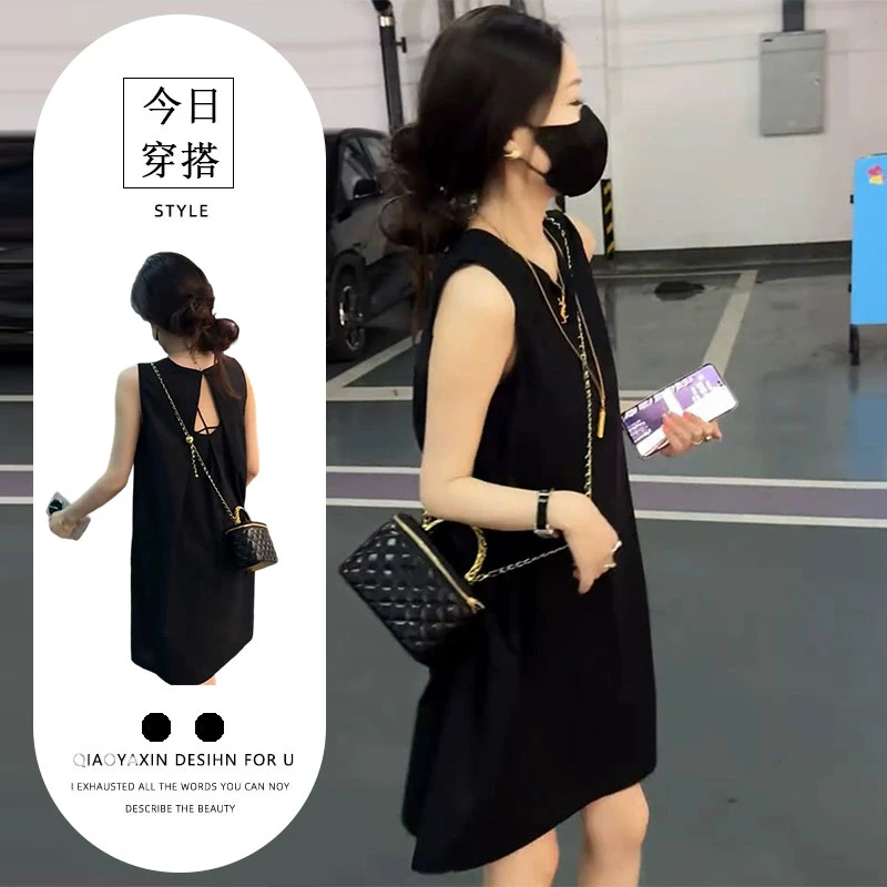设计感黑色后背镂空气质无袖A字裙女2025夏季欧货宽松遮肚连衣裙