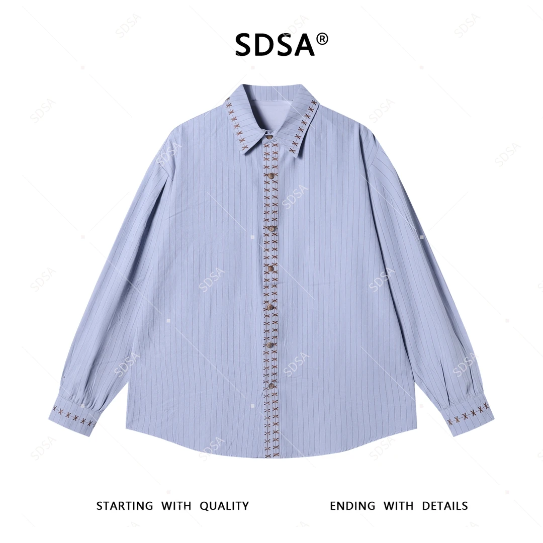 SDSA男士秋冬新款轻奢痞帅男装韩版竖纹刺绣设计长袖衬衫时尚衬衣