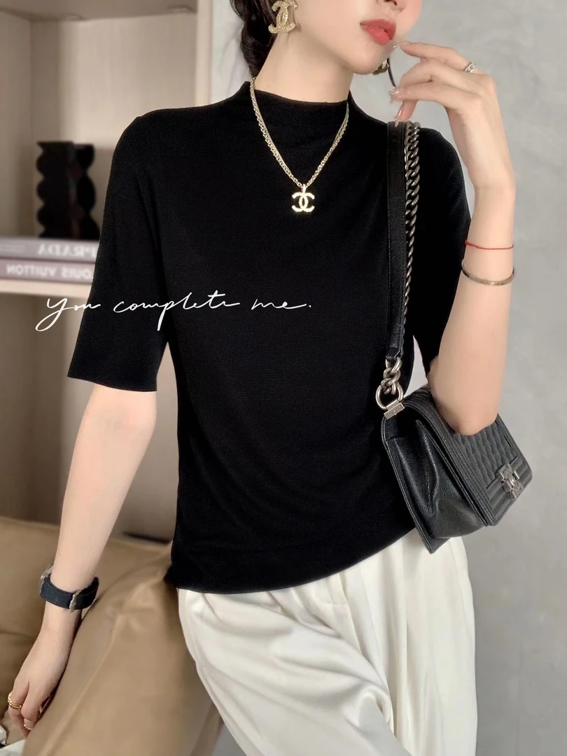 2025春季新款时尚百搭半高领中袖纯色显瘦上衣22-42