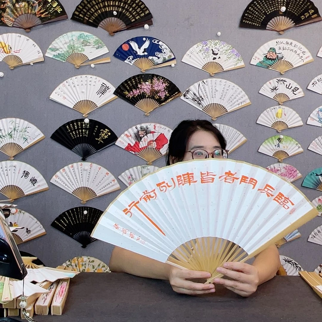 国画95寸水磨玉竹纯手绘-文玩扇骨（默认粘好）