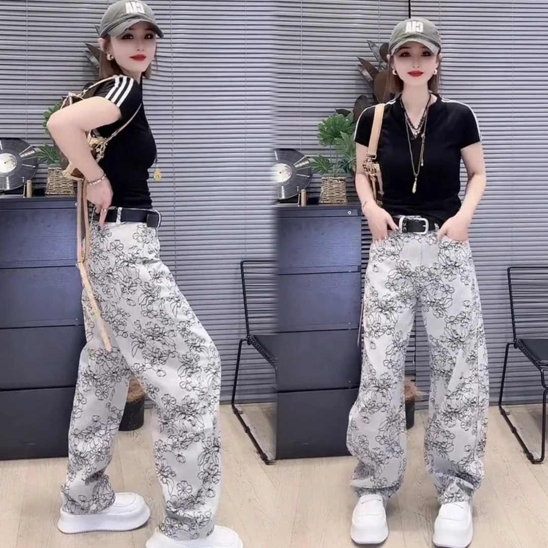 时尚潮流穿搭透气弯刀女裤休闲运动洋气显瘦高腰春夏百搭薄款阔腿