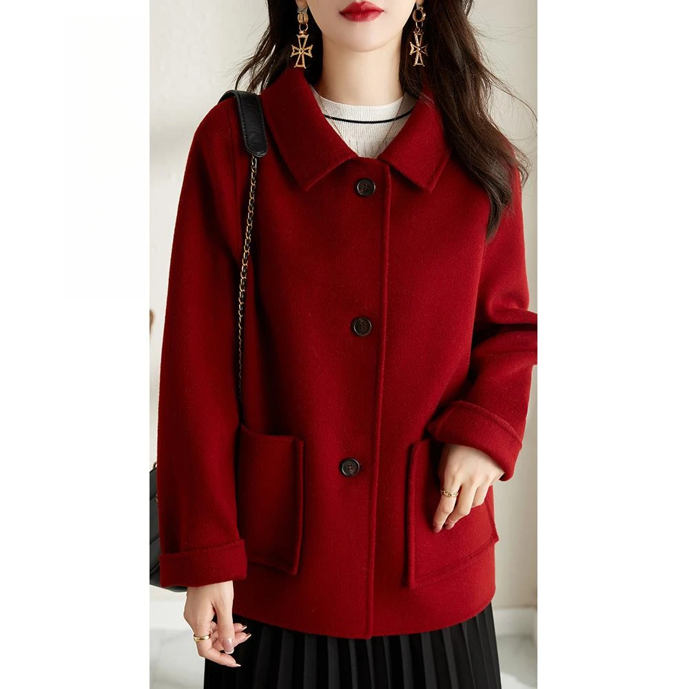 双面呢红色大衣女短款秋冬新款保暖小个子时尚高端羊毛绒外套气质