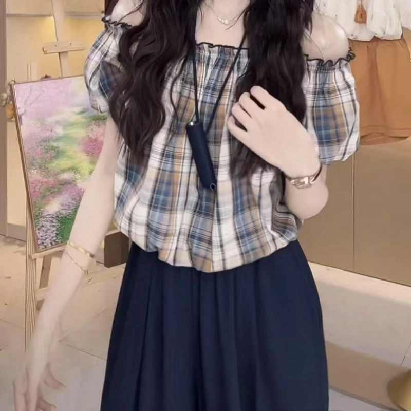 气质格子衬衫搭松紧腰阔腿裤女韩版时尚两件套夏季女装套装1158