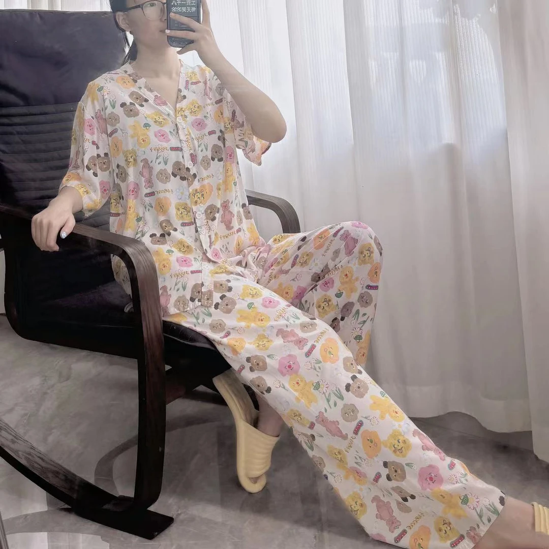 【黄油小熊】少女卡通可爱甜美ins韩版舒适宽松绵绸睡衣套装春夏