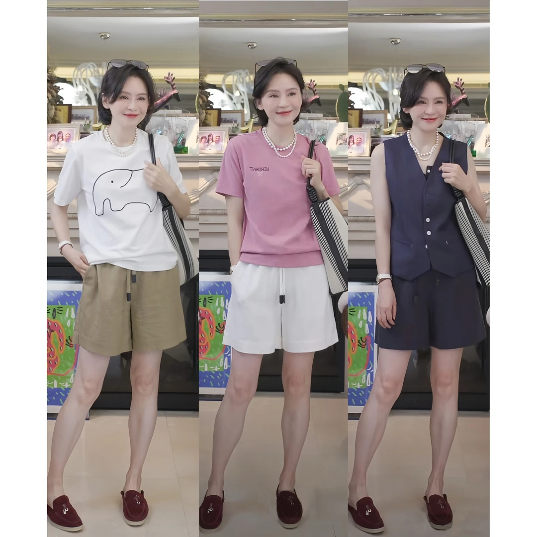 RuienCo. 老钱麻短裤 亚麻莱塞尔腰部松紧抽绳夏季休闲裤子
