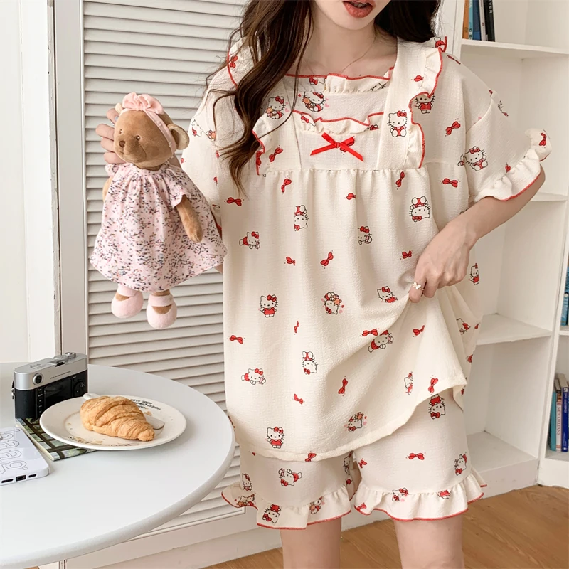 College Chic夏季新款KT猫咪泡泡棉睡衣女生可爱少女短袖短裤家居