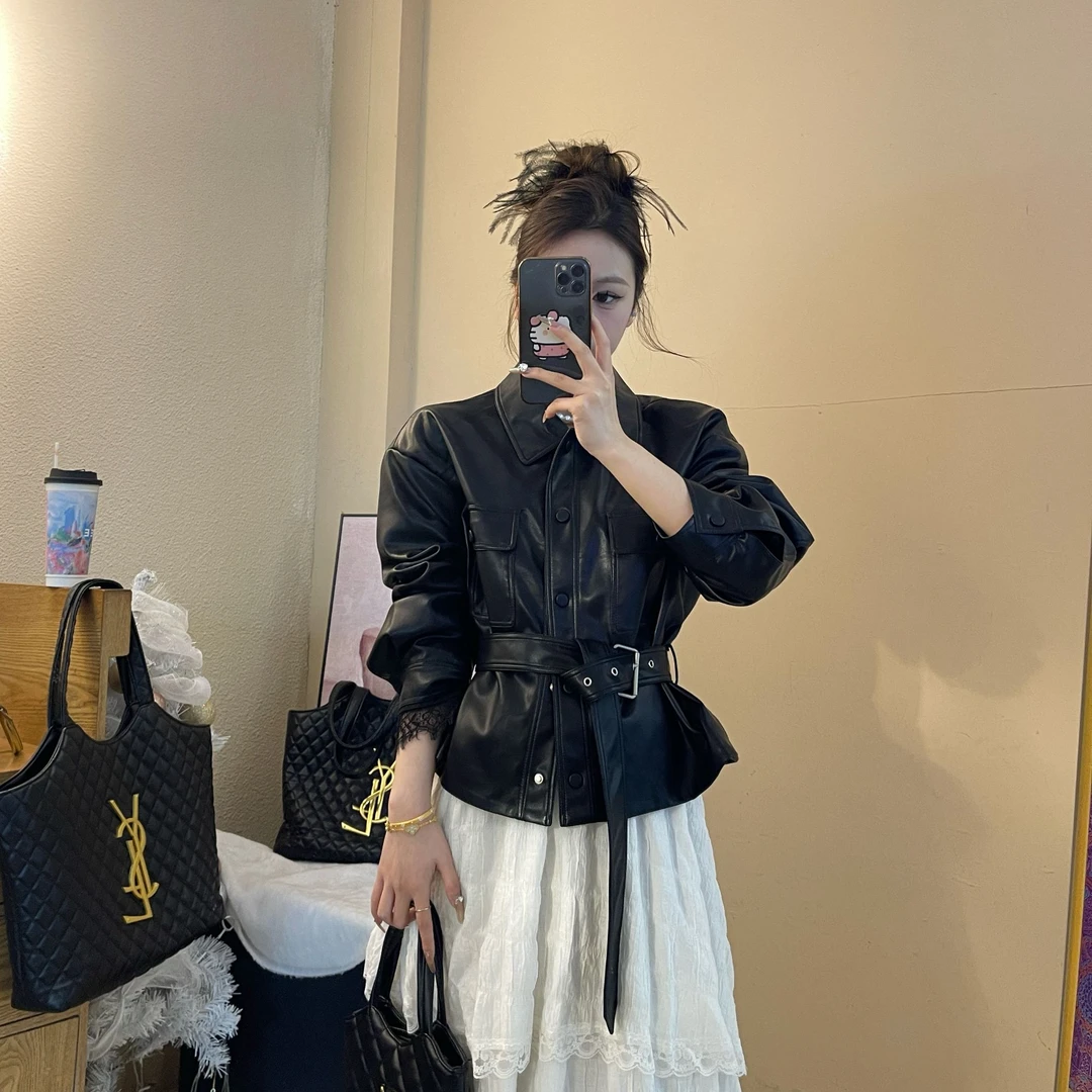 韩版chic高级感小众洋气轻奢短款皮衣抽绳显瘦百搭气质复古网红