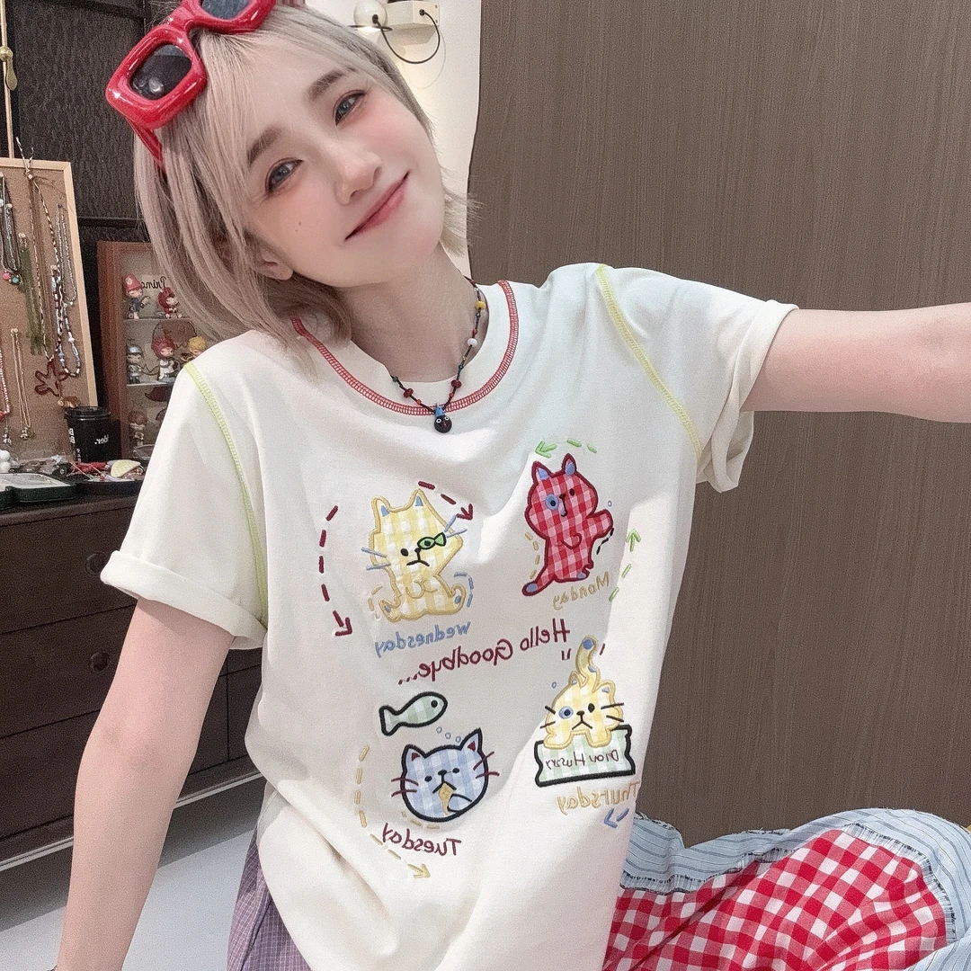 Apr.【格子猫】冚线立体刺绣百搭夏季宽松圆领夏季时尚T恤女25F115