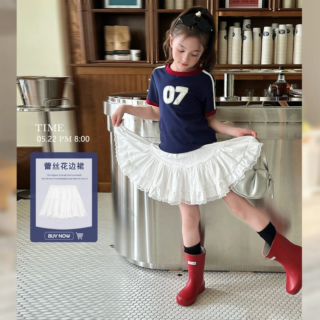 mini旦童装女童洋气裙子2025夏装新款儿童白色蕾丝花边短裙半身裙