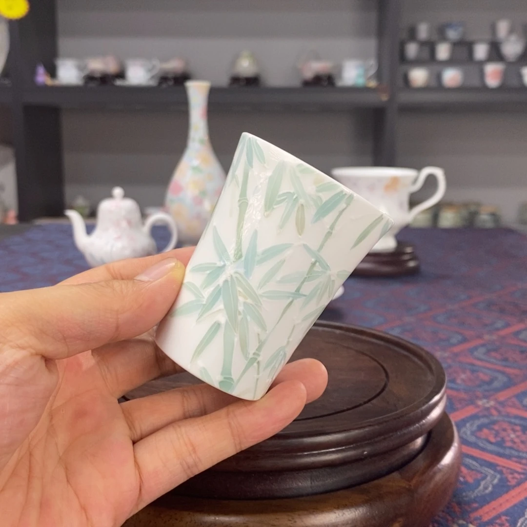 竹子品茗杯手绘釉下高温