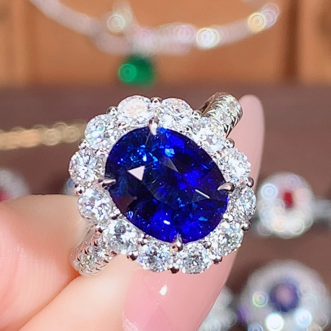 戒指蓝宝石18K金镶嵌4.06ct/天然宝石/七天无理由