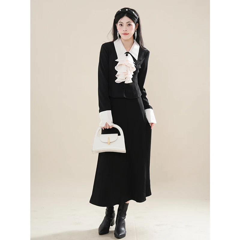 韩系财阀女主荷叶边西服套装秋季新款气质外套长款半身裙女两件套