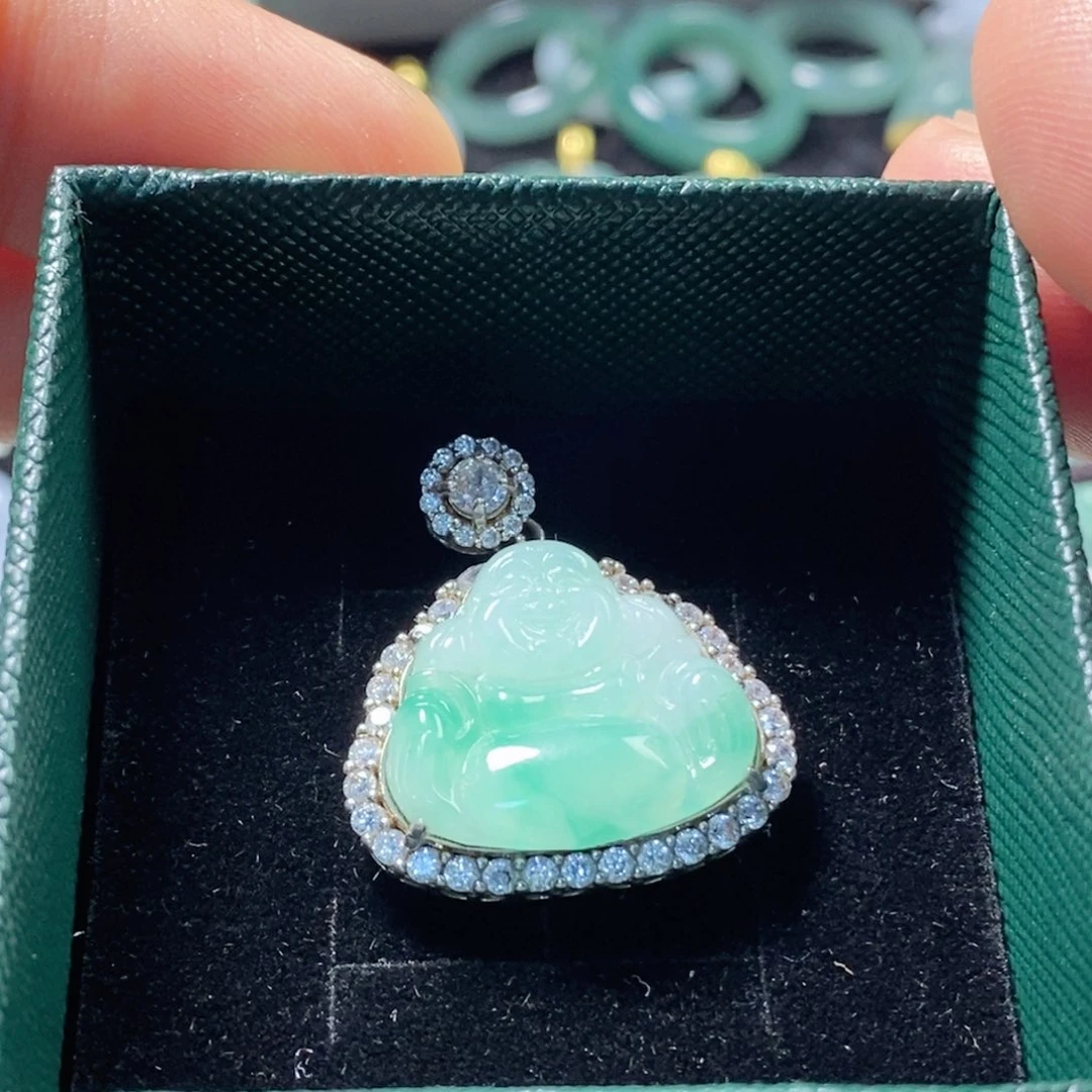 翡翠银S925镶嵌吊坠(不含链)缅甸翡翠A货佛公吊坠