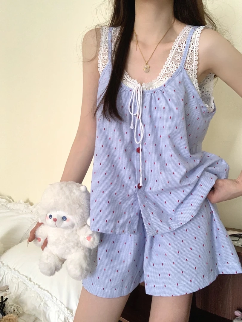 现货-夏款甜美波点吊带欧若风睡衣女夏超火背心短裤V领蕾丝家居服